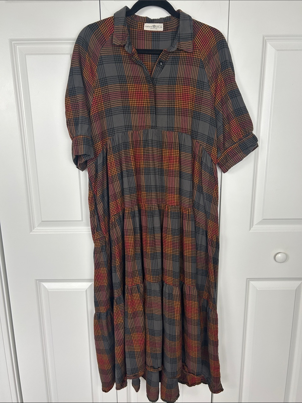 NATURAL LIFE Gray Plaid Tiered Maxi Dress with Rust & Mustard Checks Size Large
